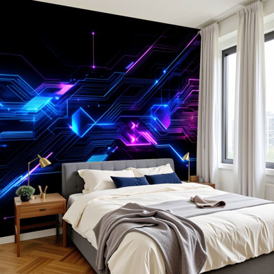 Futuristic Peel and Stick Wallpaper Neon Futuristic Circuit Lines Glowing Blue Purple Tech Abstract Wall Murals 100"H x 144"W Removable PVC Wall Paper Self-Adhesive Wall Decor for Boys Bedroom Play Room Home Office