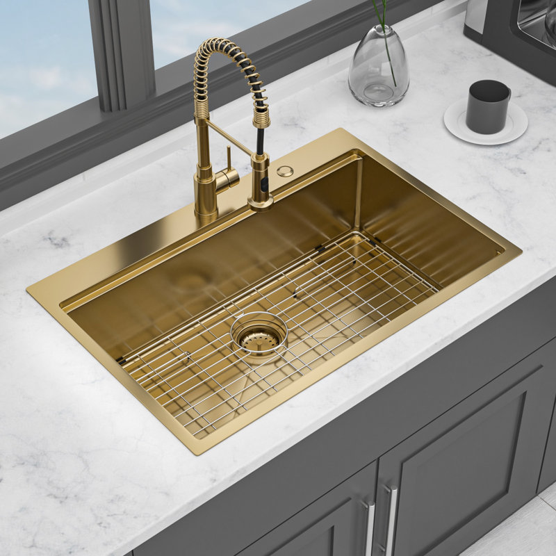 Évier de cuisine encastré 33 po en acier inoxydable T304 de calibre 16, rebord pour espace de travail intégré, drain d'eau facile, protection de 3 m, paquet avec support de séchage et passoire X 22 po, pour nettoyer, entretenir,