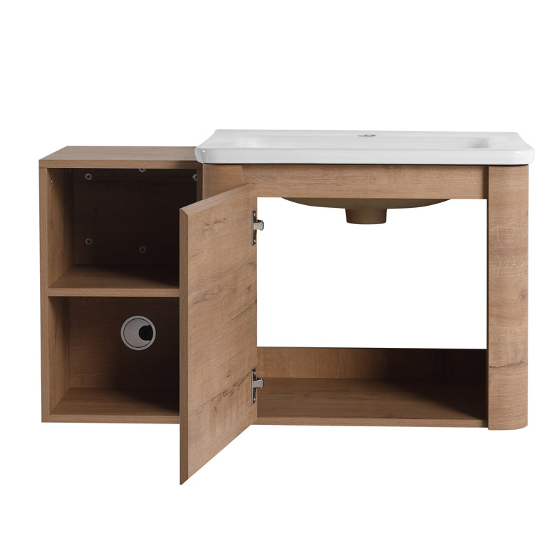 Meuble-lavabo mural 36 po avec lavabo en céramique blanche, tablettes de rangement, 1 porte à fermeture en douceur, emballage Kd, contreplaqué, meuble-lavabo contemporain, surface facile à nettoyer, plusieurs zones, rebord caché