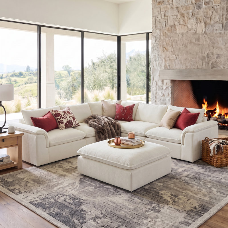 Cioffi 114"W Oversized L Shaped 6 Piece Down Blend Modular Cloud Sectional Sofa with Removable Cushion Cover, Ivory