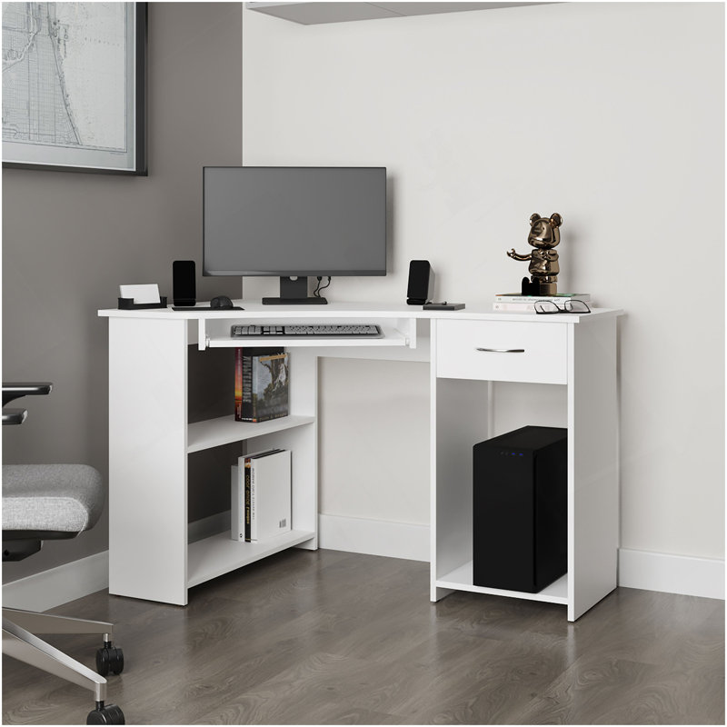 Bureau d'ordinateur de coin en L blanc avec tiroir et tablette, Blanc