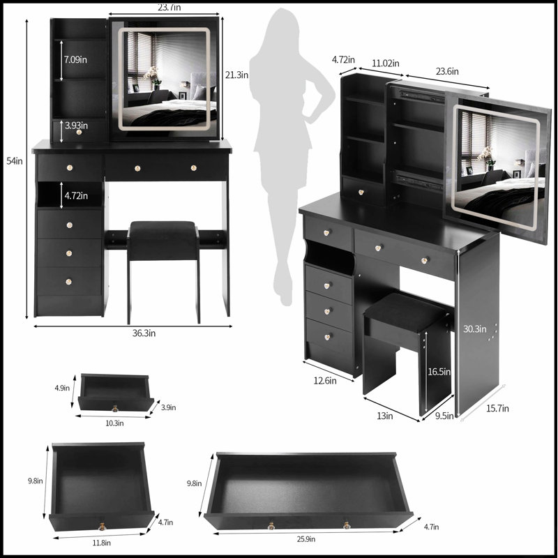 Table de coiffeuse de 37 pouces avec miroir coulissant à DEL, commande tactile, éclairage tricolore et rangement grande capacité pour les grands espaces