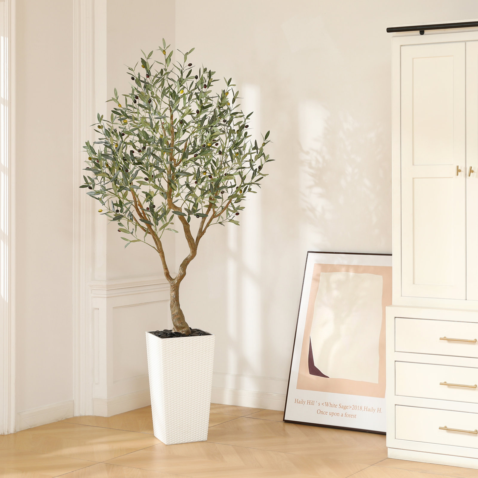 Olive Tree in Decorative Vase, White, 84" H x 28" W x 28" D