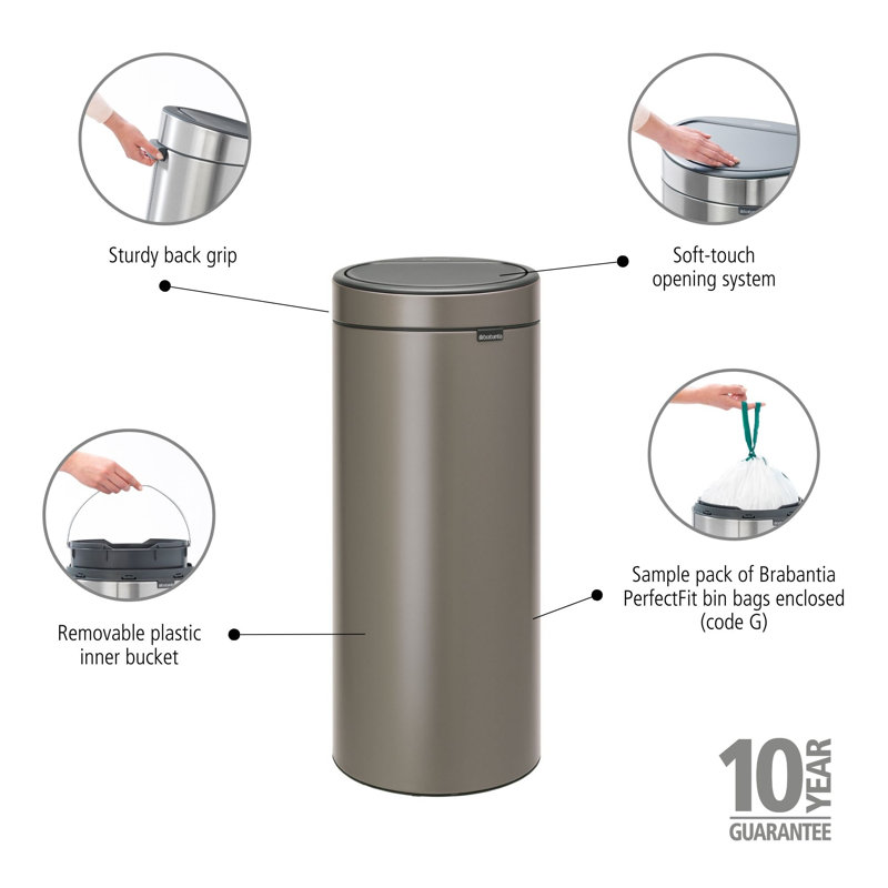 Brabantia 30 Litre Touch Bin, Platinum