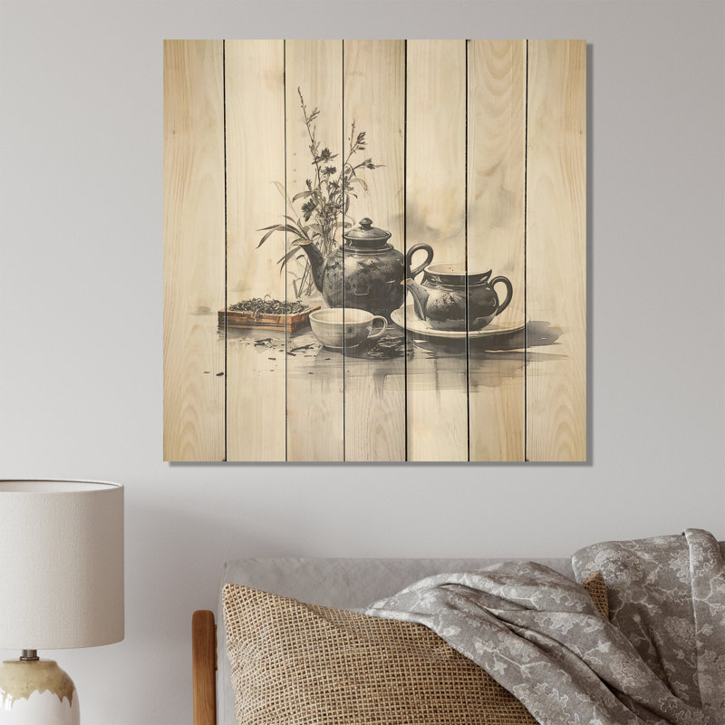 Black And White Boho Tea Set Potteries I - Boho Pottery On Wood Print, 25" H x 25" W