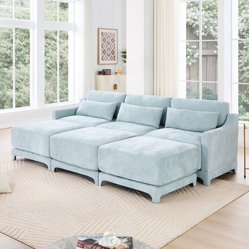 Canapé à trois places, 3 repose-pieds mobiles, équipé d'un coussin lombaire, tissu en chenille, base en bois de haute qualité, conception ergonomique, éponge à haute résilience, facile à installer