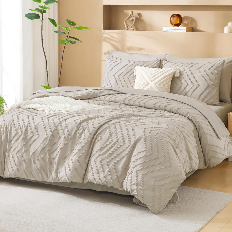 Ensemble d'édredon pour grand lit avec draps Beige - 7 pièces Lit dans un sac Ensembles de literie complet à chevrons et capitonnés avec édredon, draps, taies d'oreiller et taies décoratives Litanika