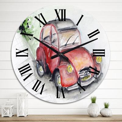Vintage Red Car In The Street - horloge murale industrielle