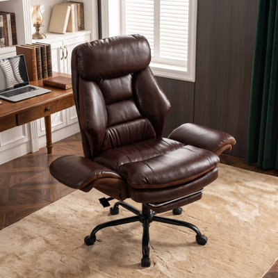Fauteuil de direction grande taille en cuir PU, dossier croisé, accoudoirs rabattables, repose-pieds rétractable, appuie-tête et poche latérale
