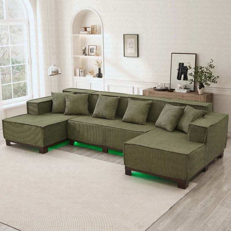 Canapé modulaire en U de 130 po avec éclairage à DEL RVB et 6 coussins décoratifs, Vert
