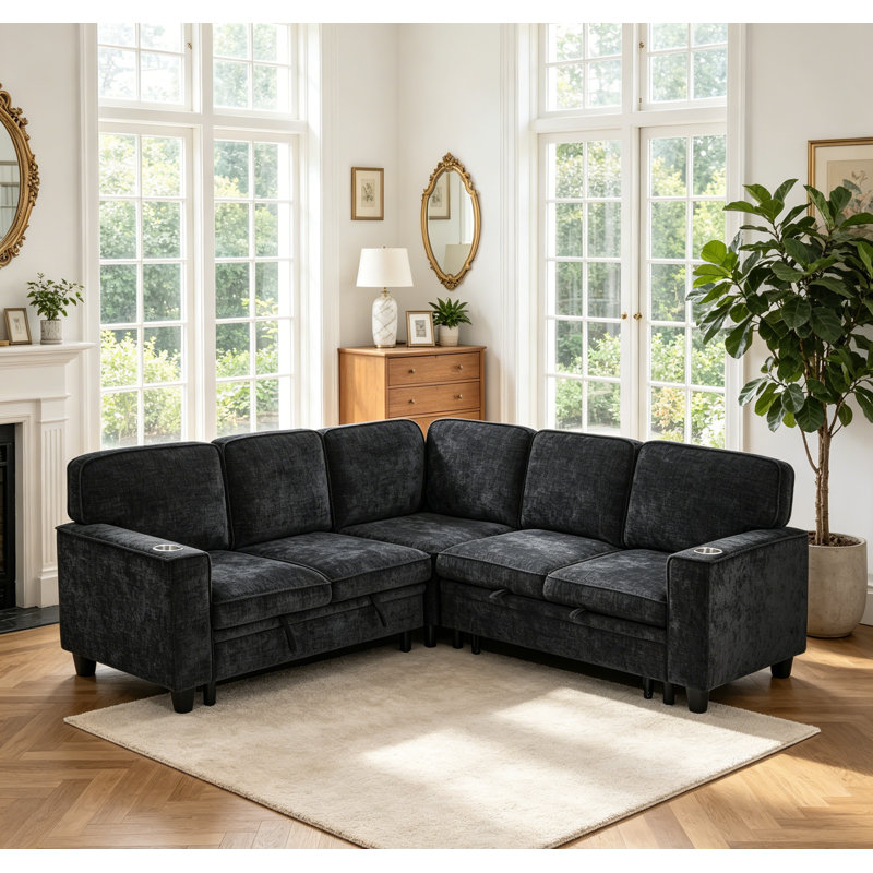 Canapé-lit modulaire convertible de 81 po avec lit escamotable de 81 po et canapé modulaire en chenille modulaire en L à 5 places avec méridienne de rangement et chargement USB pour le salon et l’appartement