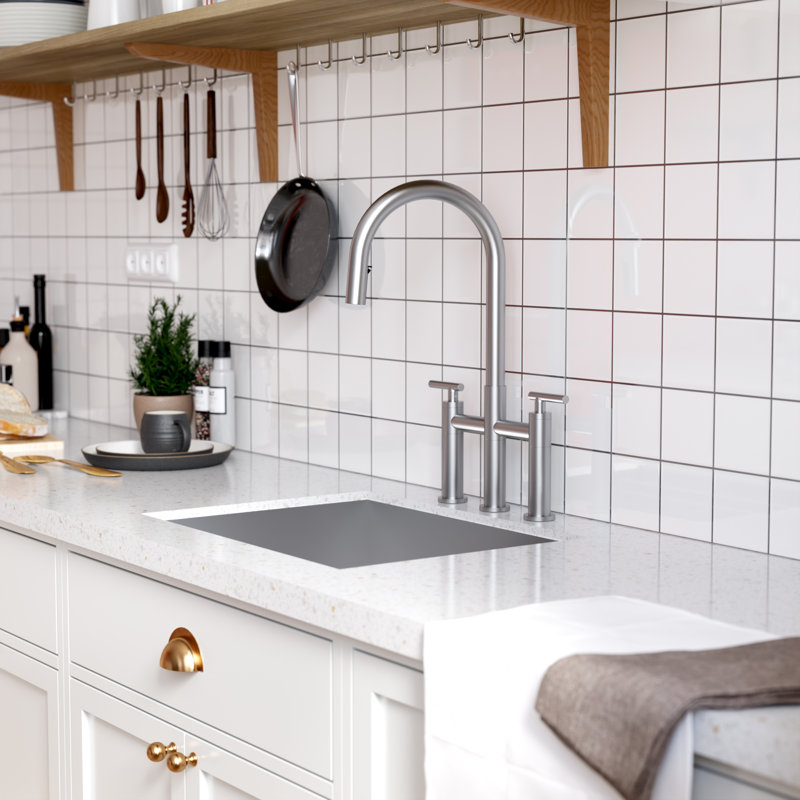 Bridge Kitchen Faucet with Hidden Pull Down Sprayer, 2 Handle 3 hole Widespread Kitchen Sink Faucet, Brushed Nickel