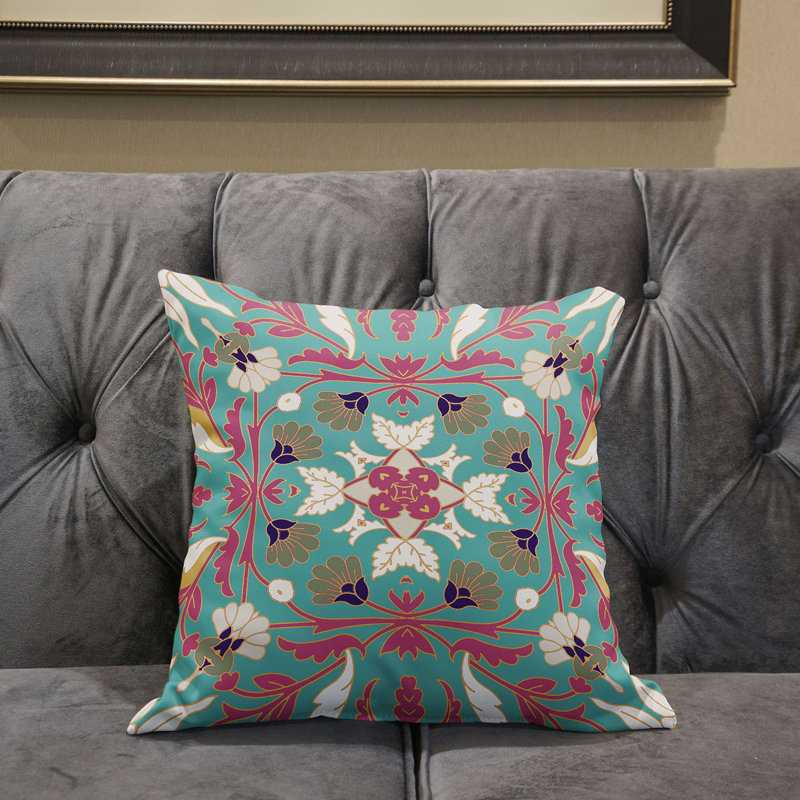 Mint Pink Floral Paisley Faux Suede Throw Pillow 16x16