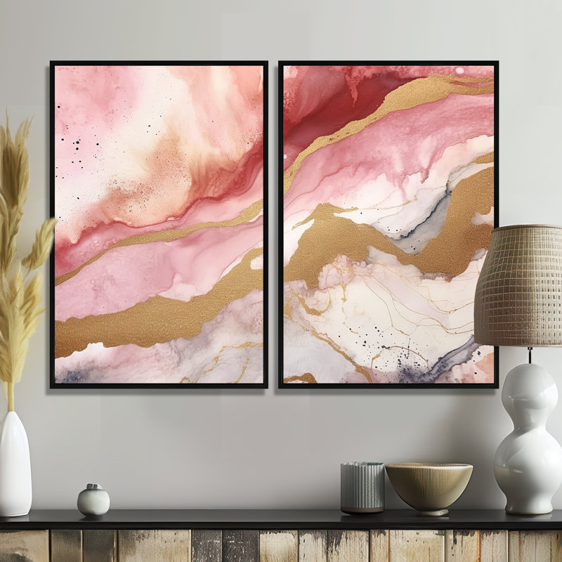 «Rose and Gold Enchanted Spills I», art mural sur toile abstraite, Floater Framed Print without Mat, Black, 36" H x 48" W