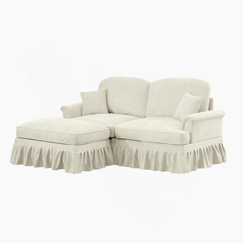 Elegant Mid Century Two Seater Modular L Shaped Sofa Couch With Flared Arms, Removable Skirts, Spindle Legs And Movable Ottoman For Versatile Comfort