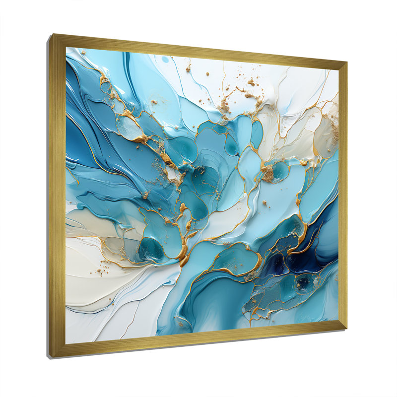 Bleu et blanc, charme de glacier - formes abstraites, art mural, Cadre doré simple, H 24 po x l 24 po x P 1 po