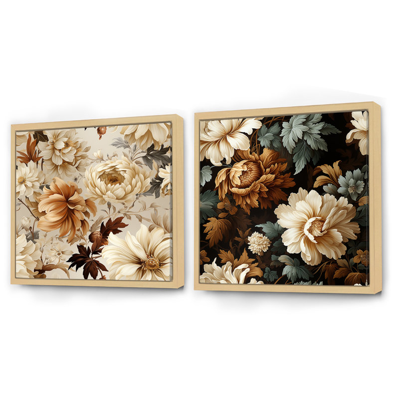 Rustic Brocade Elegance Victorian Motif III - Ensemble de 2 collages carrés floraux, H 16 po x l 33 po, Cadre flottant brun