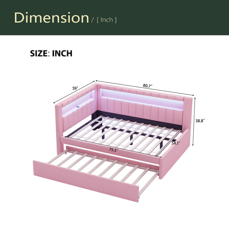 Lit plateforme tapissier avec ports USB et ceinture à DEL, avec lit gigogne, Complet/Double, Rose
