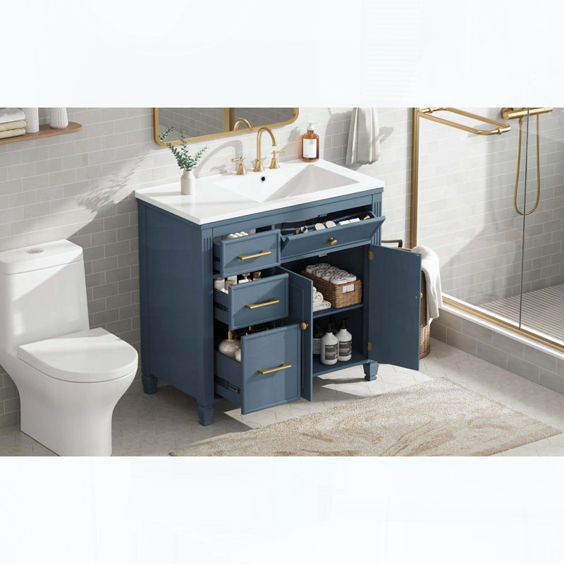 Meuble-lavabo autoportant avec lavabo en céramique, tiroir basculant, 3 tiroirs latéraux et tablette réglable