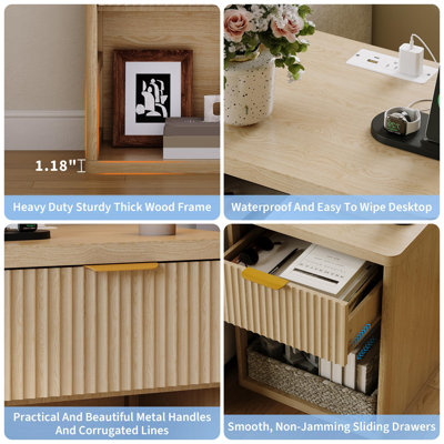 Table de chevet cannelée moderne avec station de charge, tiroirs et espace de rangement ouvert pour la chambre à coucher