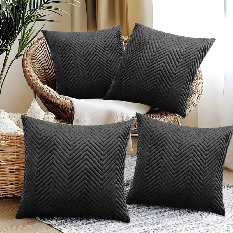 Embossed Quilted Pattern Velvet Cushion Cover (Set of 4), Black