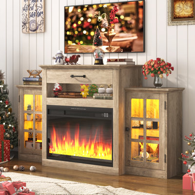 Meuble télé 60 po avec foyer électrique 26,2 po pour téléviseurs muraux, foyer avec manteau de cheminée avec lumières DEL
