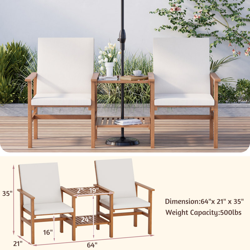 Acacia Wood Loveseat With Table, 3 Pieces Patio Furniture Set, Outdoor Patio Loveseat With Coffee Table, Wood 2-seat Conversation Set For Garden, Backyard, Balcony