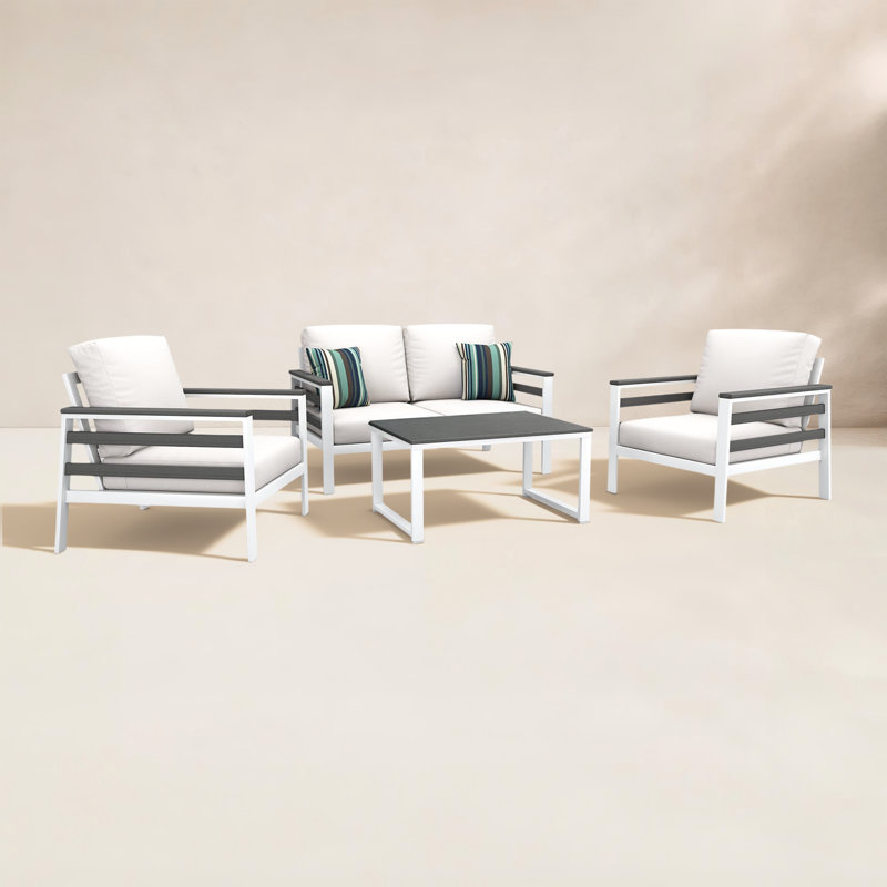 Townsend 4 Person Seating Group With Sunbrella Cushions, Canvas White, Gray