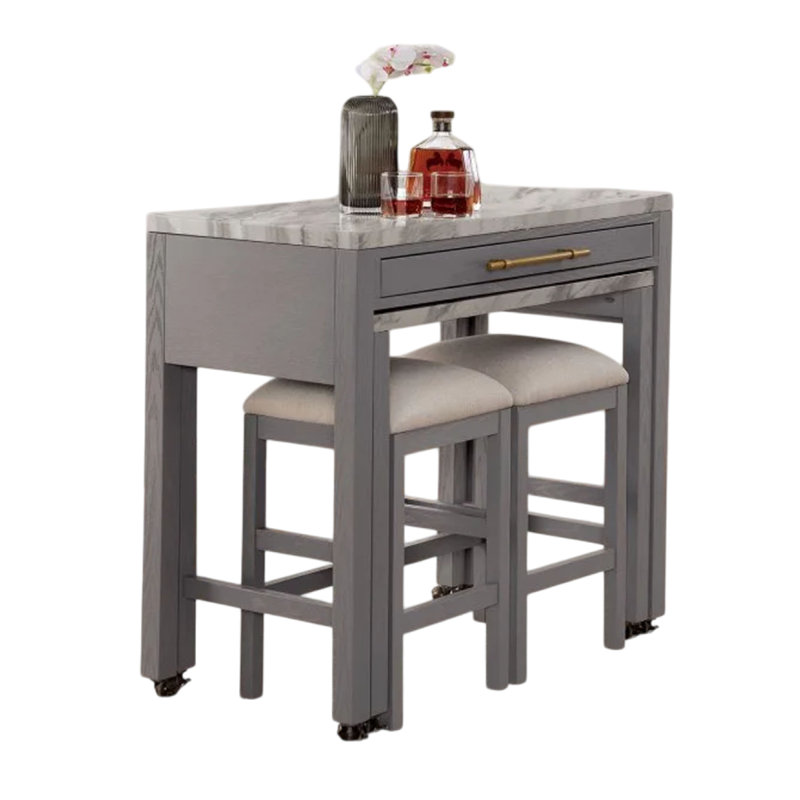 Ensemble de table à hauteur de comptoir et 2 tabourets Helly, plateau en faux marbre gris