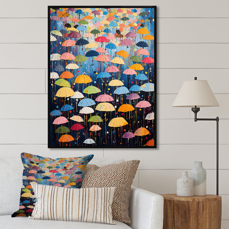 «Rainbow Umbrellas Collage IV», reproduction sur toile, Cadre flottant noir, 32" H x 24" W