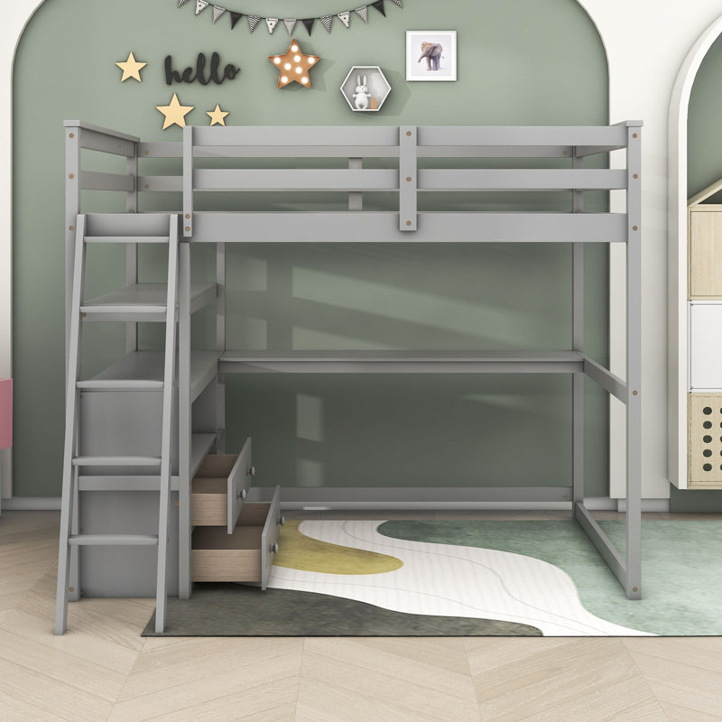 Garance Kids Full Loft Bed with Drawers, Gray