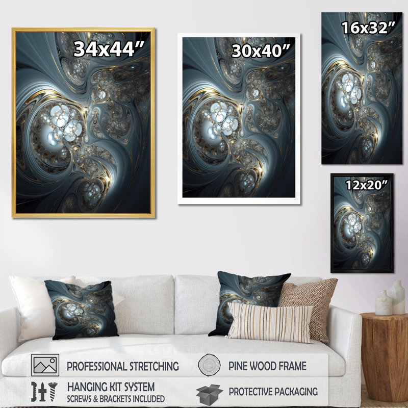 «Mystical Universe» en bleu mystérieux et doré - reproduction sur toile, H 32 po x l 16 po x P 1 po, Cadre simple noir