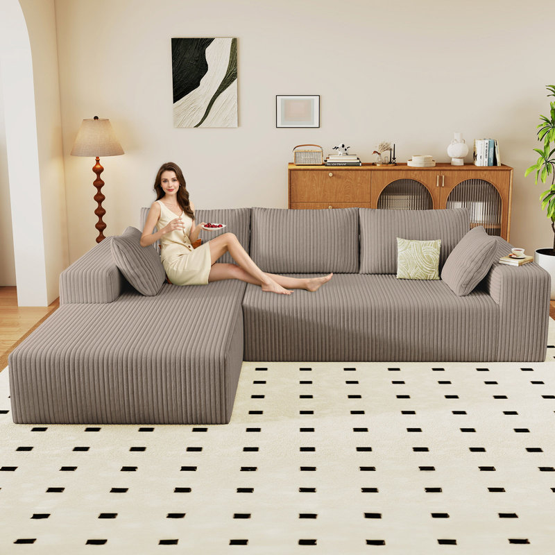 Canapé modulaire en forme de L de style Boneless de 95,8 po en velours côtelé avec méridienne sans assemblage requis, siège rembourré à assise profonde, tissu moelleux en velours côtelé (brun clair, méridienne)
