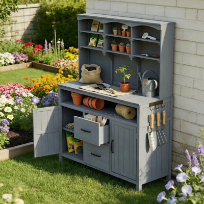 45.3'' Solid Fir Wood Potting Bench With Hutch, Multi-Functional Outdoor Patio Kitchen Island With Cabinets, Drawers, Hooks & Large Countertop For Gardening, Grilling & Entertaining