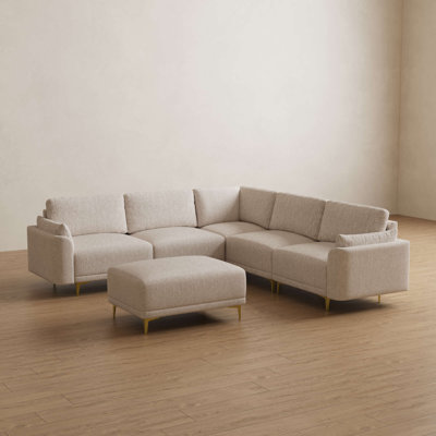 Canapé d'angle modulaire 5 places en imitation lin avec pouf