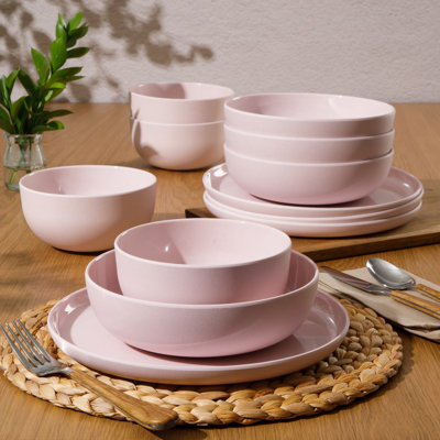 Gibson Home Candy Skies 12 Piece Unbreakable Wheat Straw Melamine Plates and Bowls Dinnerware Set - Outdoor, Camping, & Everyday Use - Matte Exterior/Shiny Interior 