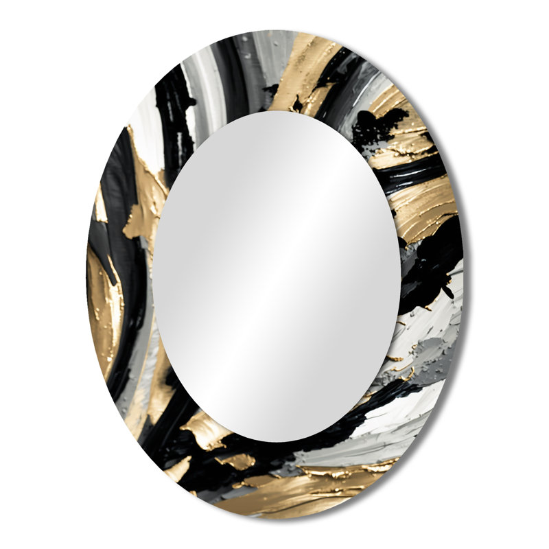 Rhythm Of Pleasure Abstract Black And Gold I - Large Oval Wall Mirror On Metal, 43" x 33"
