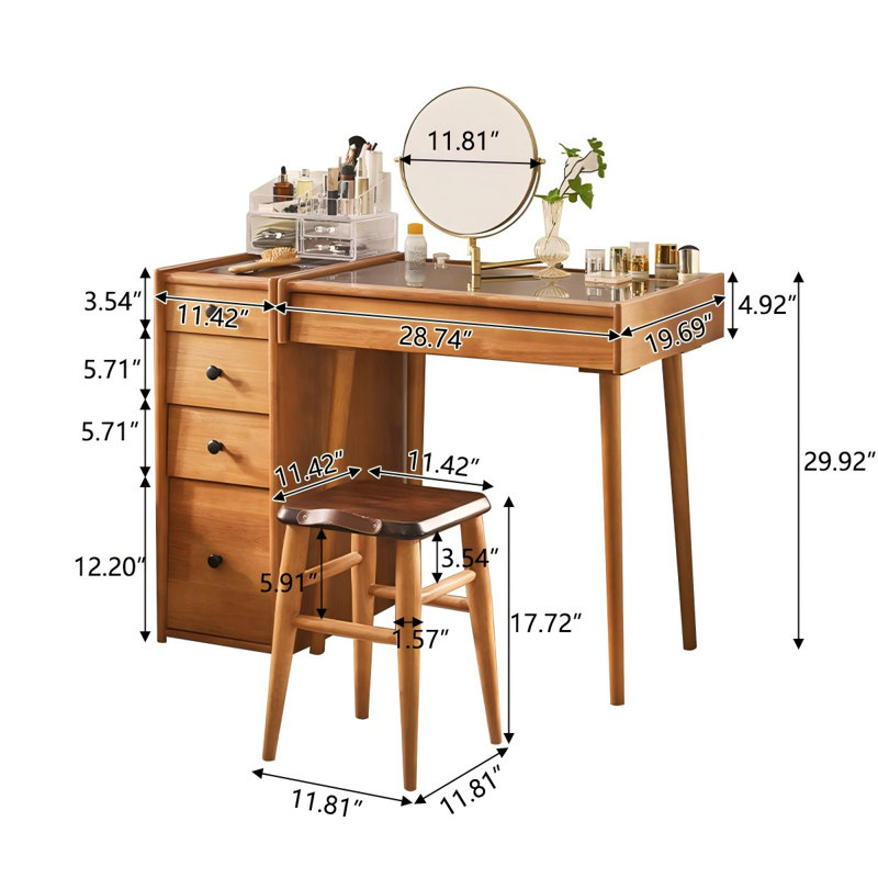 Meuble-lavabo 28,74 po en bois d'hévéa massif avec commode et tabouret de maquillage