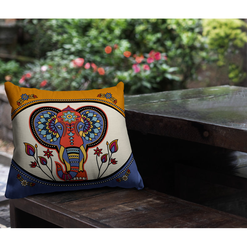 Coussin intérieur / extérieur Indra Elephant, Carré 15 po, Orange / bleu / jaune