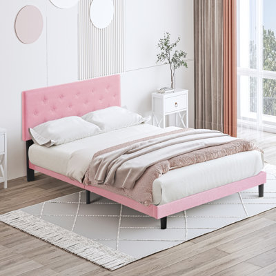 Modern Pink Upholstered Full Size Bed With Linen Headboard - No Box Spring, Quick Assembly, Design Frame Featuring Button Spring Needed, Wood Slat Support, Easy To Put Together, 500 Lbs Weight