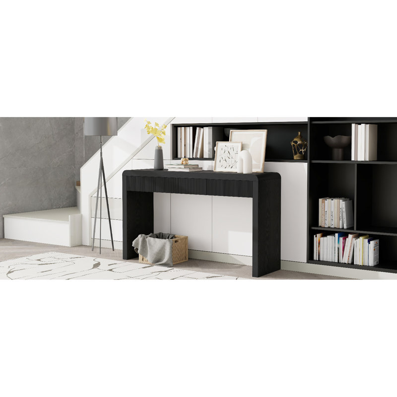 Console de style rustique avec tiroirs cannelés - Placage en bois massif pour le vestibule, le salon, la surface lisse, le plateau de table de 220 lb, 25 tiroirs, les pieds réglables, le couloir d'entrée et le plateau de tiroir noirs