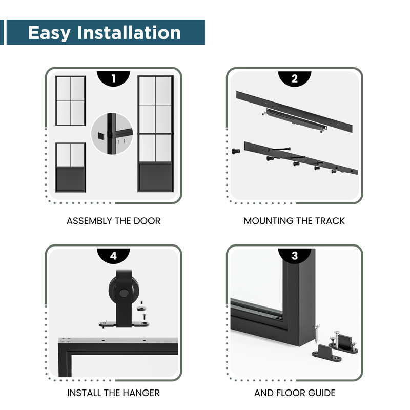 Black Aluminum and Frosted Glass Sliding Barn Door with Installation Kit