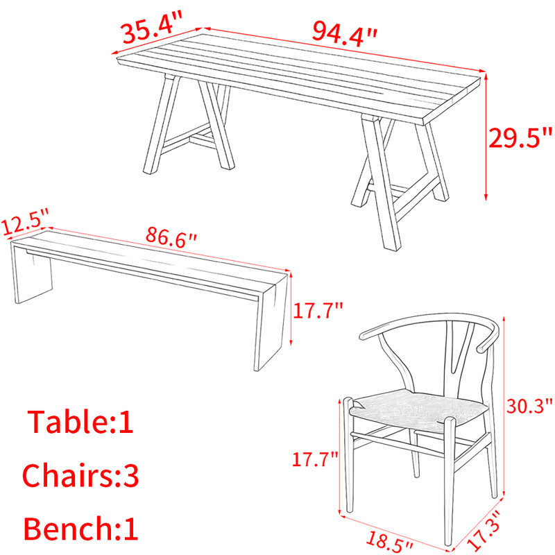Ensemble de table à manger moderne et simple en bois massif, H 29,5 po x L 94,4 po x l 35,4 po
