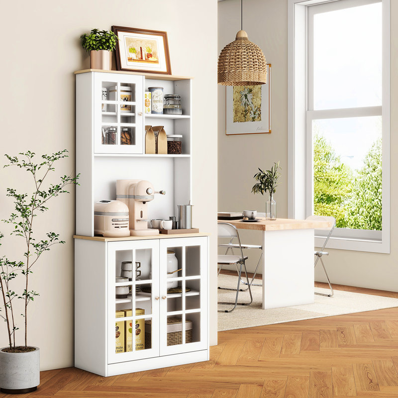 Kitchen Storage With Cabinet, 72", White, Large Countertop, Adjustable Shelves, Glass Doors For Dining Room 72" Freestanding Pantry Cabinet , Doors, Shelves Room, White