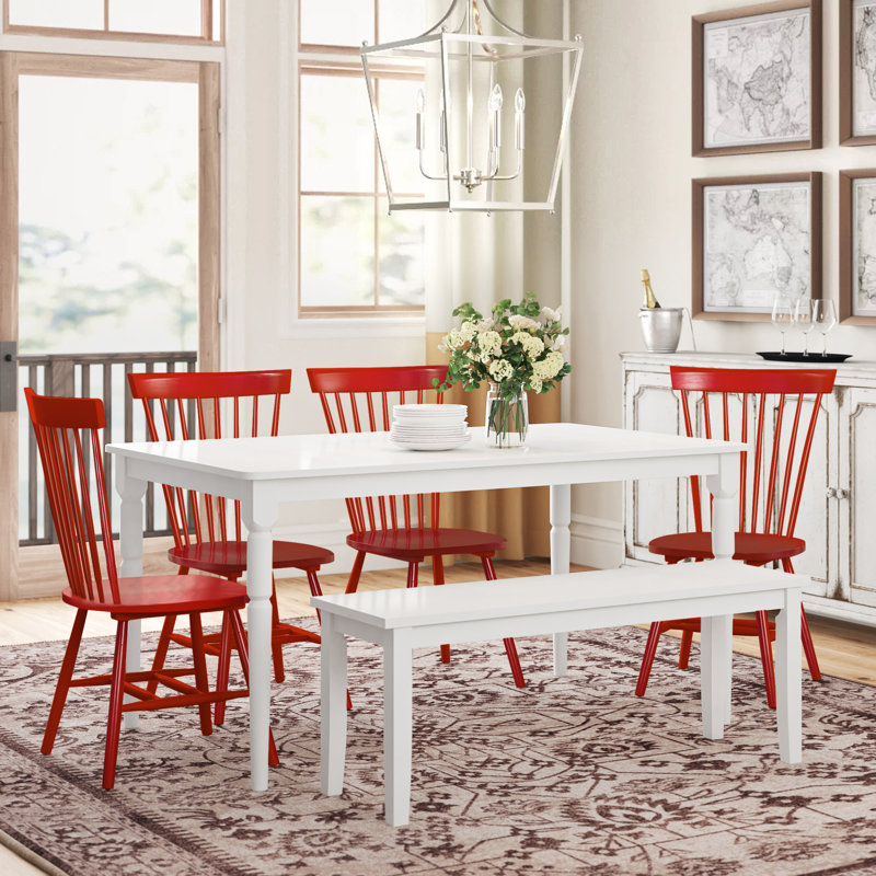 Aulii 6 - Piece Rectangle Table, Bench, Windsor Chairs Dining Set, Red