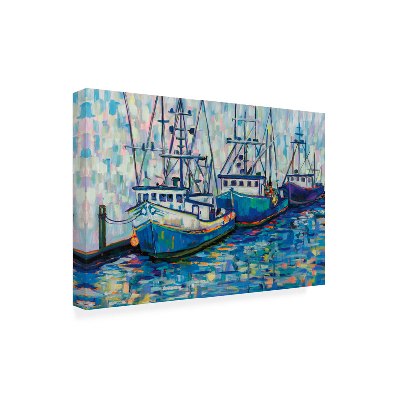 Œuvre sur toile, bateaux de Jeanette Vertuites, H 22 po x l 32 po