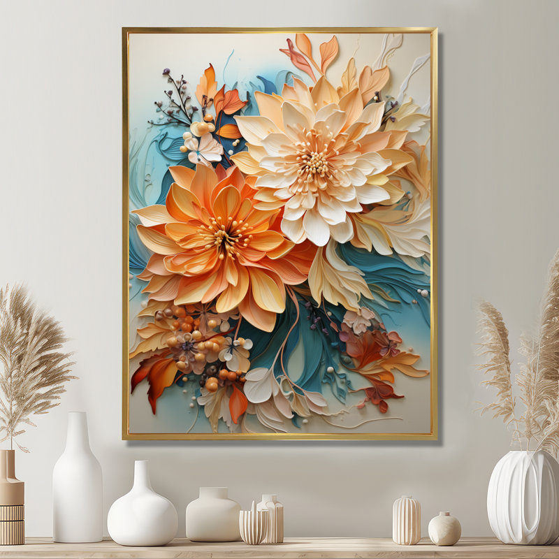 Orange Teal Botanical Whirlwind I - Abstract Botanicals Wall Art, Floater Framed Print, 40" H x 30" W, Gold