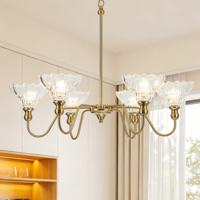 Vintage Chandelier 6-Light Pendant Lights Kitchen Island Lighting Flower Glass Shade (Bulbs Not Included), Brass