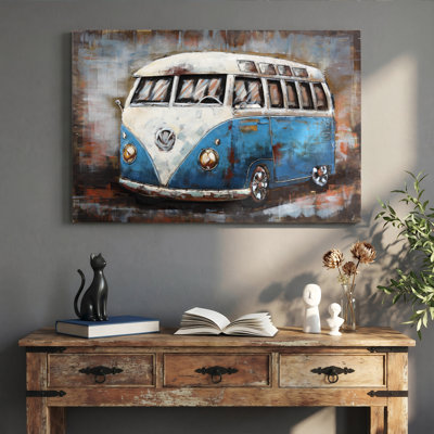 «Blue Bus», art mural en fer peint à la main en 3D