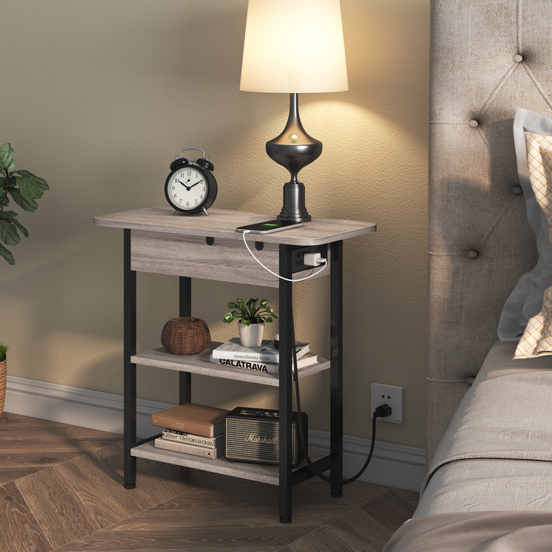 End Table Set of 2 with Storage and Charging Station, Greige